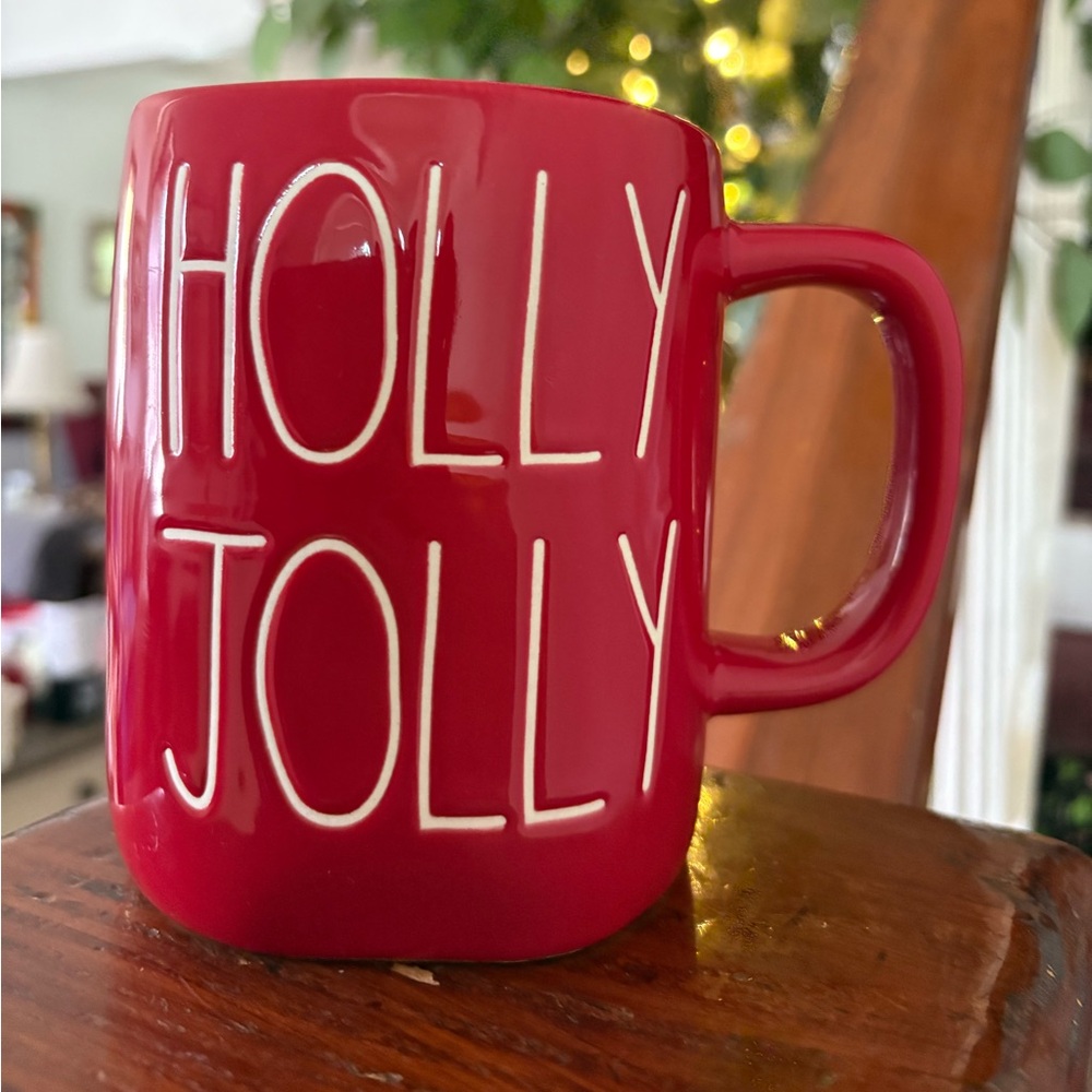 NWOT Rae Dunn Holly Jolly Mug Glossy Red 20 Oz